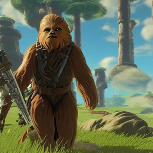 Image similar to Film still of Chewbacca, from The Legend of Zelda: Breath of the Wild (2017 video game)