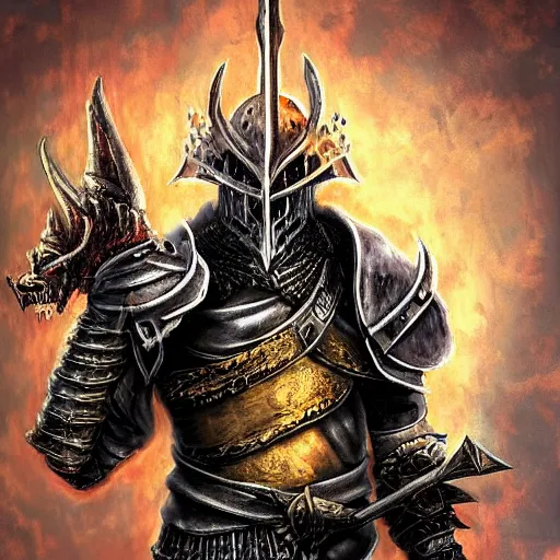 Image similar to three - ply portrait the great death knight dark souls in golden red armor made of polished dragon bones looks relaxed, quantum physics, victorian era