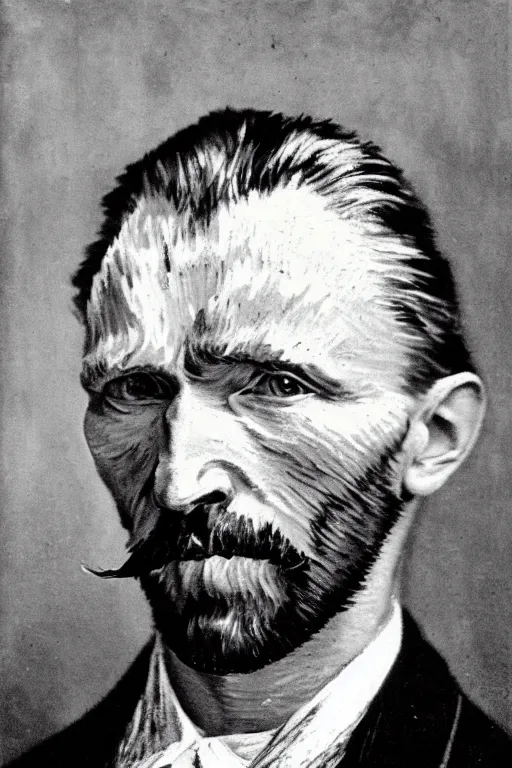 Prompt: a monochrome daguerrotype realistic, supersharp portrait of vincent van gogh, shallow depth of field