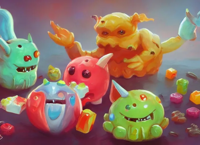 Prompt: concept art of cute candy monsters, oil painting by Jama Jurabaev, extremely detailed, brush hard, artstation, for AAA game, high quality