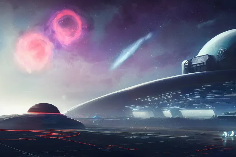 Image similar to a distant futuristic military installation, on the horizon, sleek, menacing, glowing lighting and neon signs, Raymond Swanland and Jessica Rossier nebula like clouds in space background near a ringed gas giant, hyper detailed hyper detailed, 8k, ultra realistic, cinematic lighting, ultra wide 35mm lens, Boeing Concept Art, Lockheed concept art