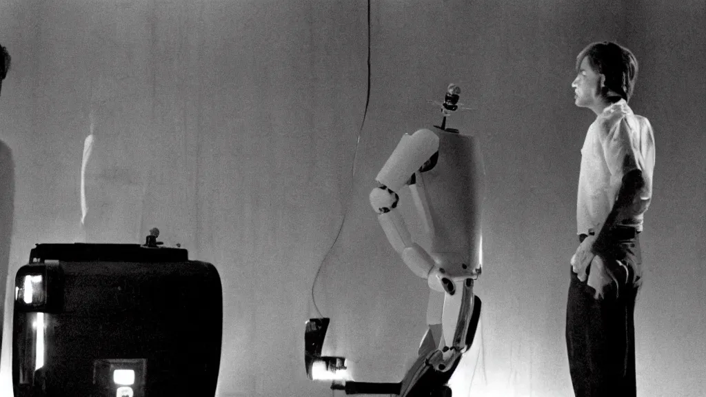 Image similar to scene of a man and a robot moment of jealousy, movie still, cinematic composition, cinematic light, by david lynch and andrzej zuławski