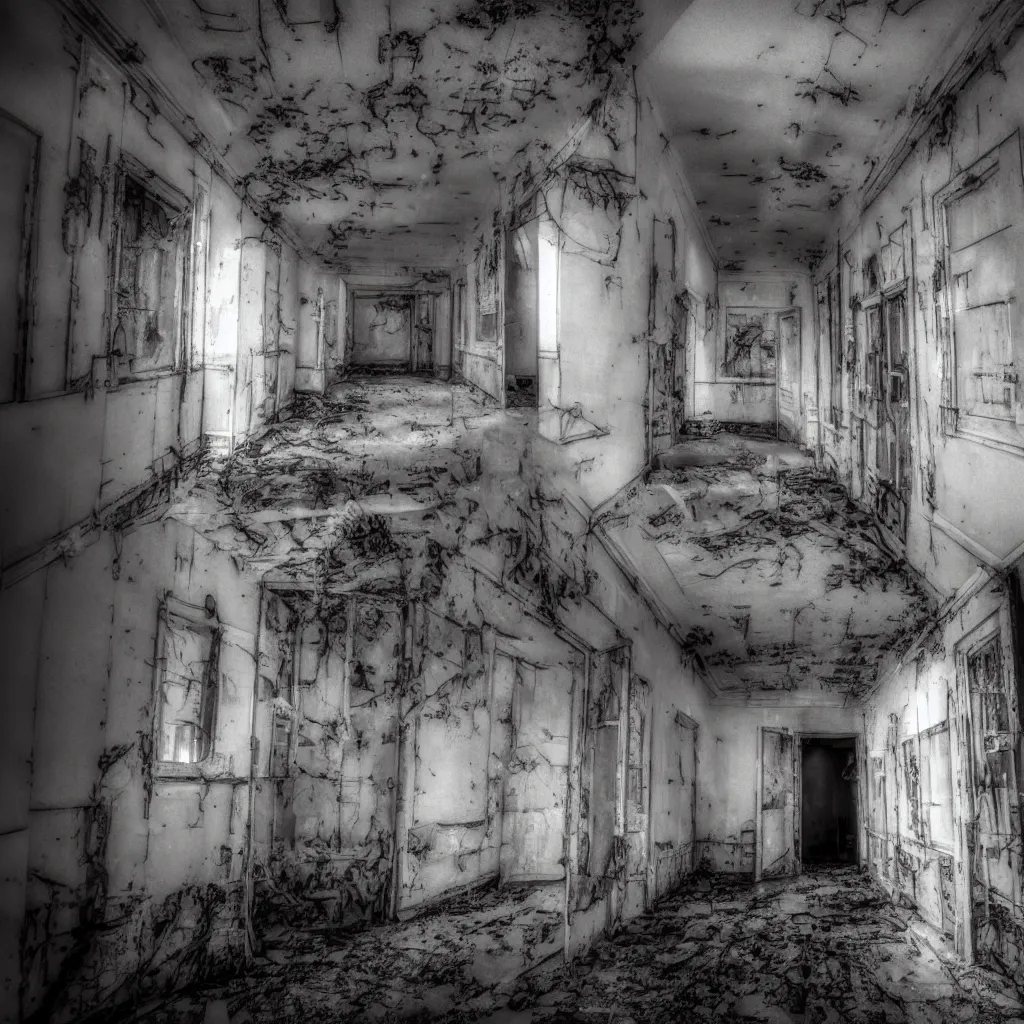 Prompt: exploring the inside of a haunted asylum, creepy, shadows, webs