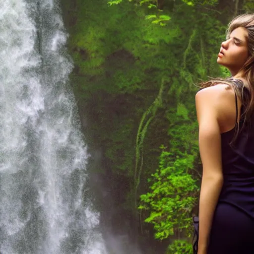 Prompt: beautiful girl, standing in waterfall, portrait, realistic, 4k, art, sofr lightning