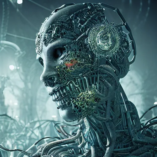 Image similar to cybernetic demon dreaming with its highly networked mind, lsd, circuitry, intricate detail, royo, whealan, giger, klimt, hd, octane render, unreal engine,