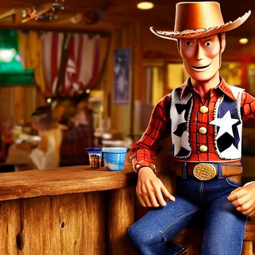 Prompt: A realistic picture of Clint Eastwood dressed up as Woody from Toy Story, sitting on a bar stool in a western saloon