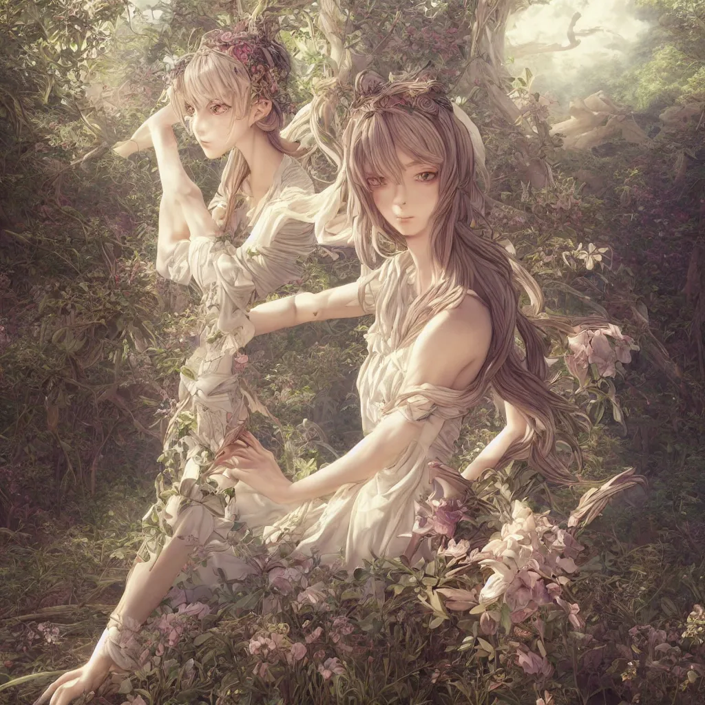 Image similar to the portrait of beautiful goddess, elegant, young anime girl, an ultrafine hyperdetailed illustration by caspar david friedrich, irakli nadar, intricate linework, bright colors, smooth, octopath traveler, final fantasy, unreal engine 5 highly rendered, global illumination, radiant light, detailed and intricate environment