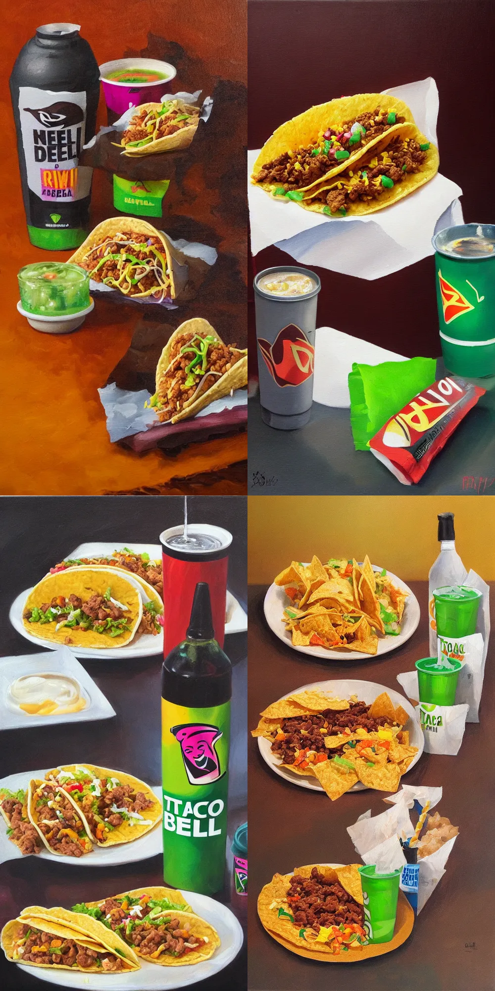 Prompt: taco bell meal with mountain dew in front of brown background, oil painting