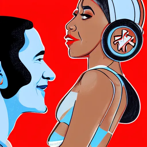 Image similar to nicki minaj hugged by barack obama from behind, soviet colored propaganda poster, highly detailed illustration