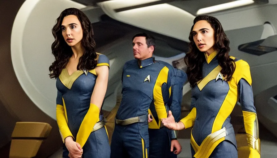 Image similar to Gal Gadot, wearing a yellow uniform, is the captain of the starship Enterprise in the new Star Trek movie