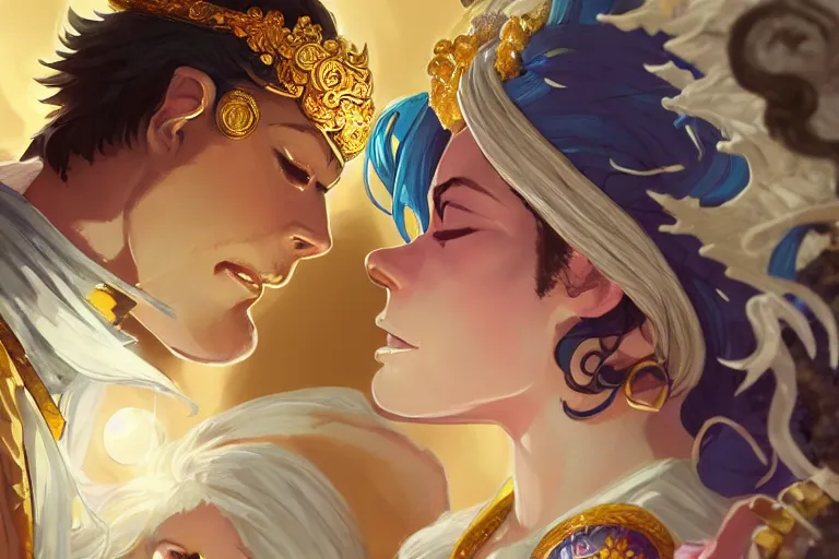 Image similar to close up moment of a divine a sun god and a moon goddess lovers magician at a wedding banquet, highly detailed, d & d, fantasy, 4 k realistic, digital painting, trending on artstation, concept art, sharp focus, illustration, art by makoto shinkai and akihiko yoshida and daniel gerhartz