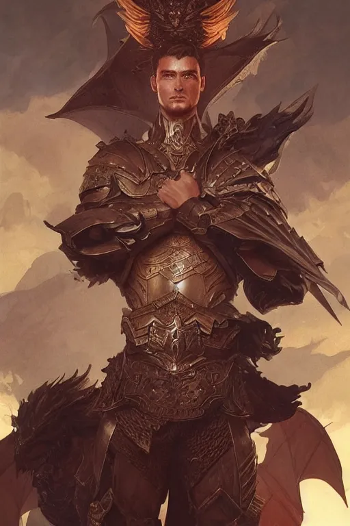 Prompt: male warrior, wearing a dark armor, dragon flying in the sky, intricate, elegant, highly detailed, digital painting, artstation, concept art, smooth, sharp focus, illustration, art by artgerm and greg rutkowski and alphonse mucha and andrei riabovitchev