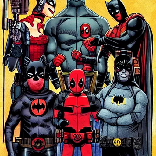 Prompt: a family photo of the deadpool twins and the nice matrix boys from down the street but batman is not there by the artist michael hutter