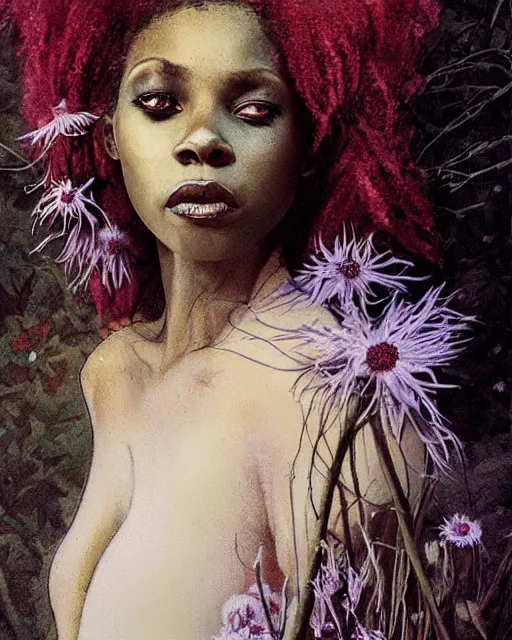 Prompt: a beautiful but creepy young black woman in layers of fear, with haunted eyes, violence in her eyes, crazy white hair, wearing a punk outfit, 1 9 7 0 s, seventies, delicate embellishments, a little blood, woodland, moonlight shining on wildflowers, painterly, offset printing technique, by alexandre cabanel