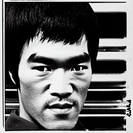 Image similar to 8 k portrait photograph of bruce lee, a blurred wafflehouse in the background