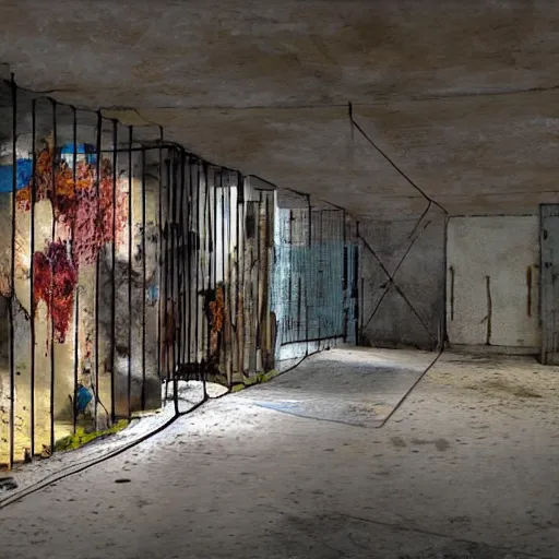 Prompt: underground prison, corroded metal bars, concrete, colorful tapestries, rugs, concept art