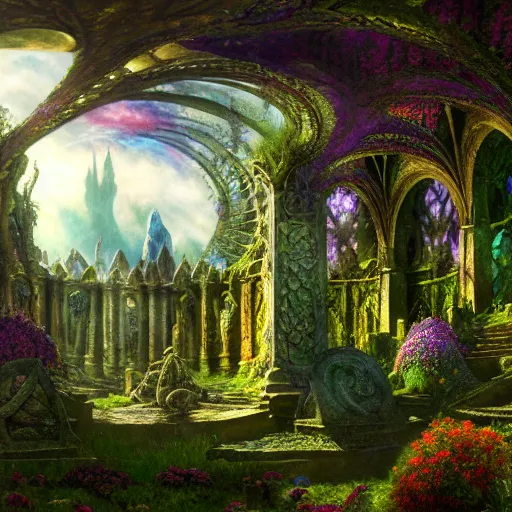 Image similar to a beautiful and highly detailed matte painting of a lost celtic elven temple in a magical fantasy garden, colorful flowers, psychedelic patterns, epic scale, insanely complex, hyperdetailed, sharp focus, hyperrealism, artstation, cgsociety, 8 k, bright colors, by caspar friedrich, albert bierstadt, james gurney, brian froud,