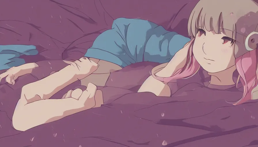 Image similar to girl laying on bed, rainy day, anime, ghibli, 9 0 s, retro style, aesthetic, pastel color