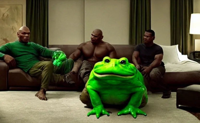 Prompt: a giant green toad sitting with mike tyson in a large clean hotel room, on a couch, movie directed by martin scorsese and christopher nolan, masterpiece, 8 h