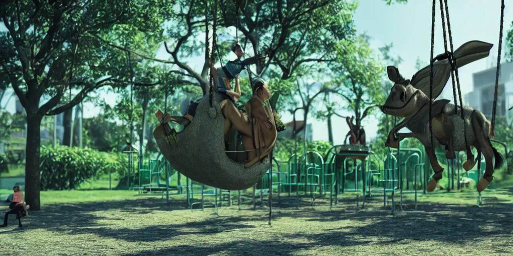 Prompt: donkey riding a playground swing, matrix style falling green text in the background, artstation