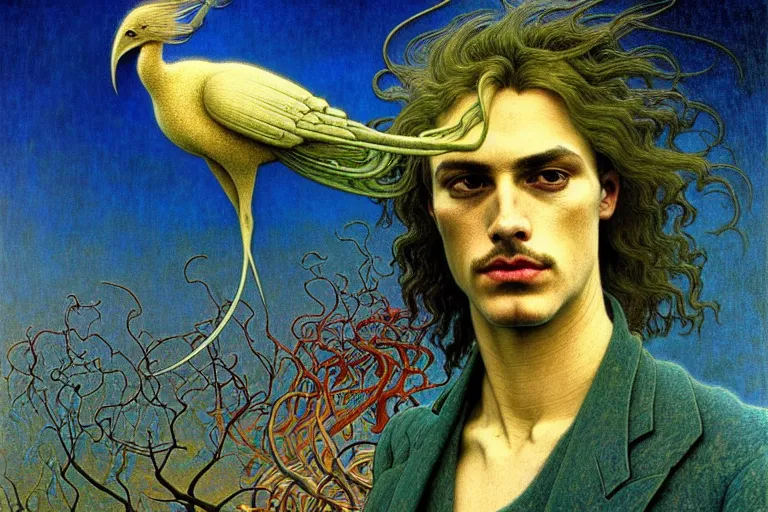 Image similar to realistic detailed portrait painting of a beautiful man with bird head, nightly graveyard landscape background by Jean Delville, Amano, Yves Tanguy, Max Ernst, Alphonse Mucha, Ernst Haeckel, Edward Robert Hughes, Roger Dean, masterpiece, cinematic composition, dramatic pose, 4k details, rich moody colours, blue eyes