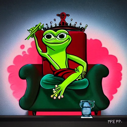 Prompt: pepe the frog sitting on a red and gold throne, beautiful, 4 k, artstation, detailed