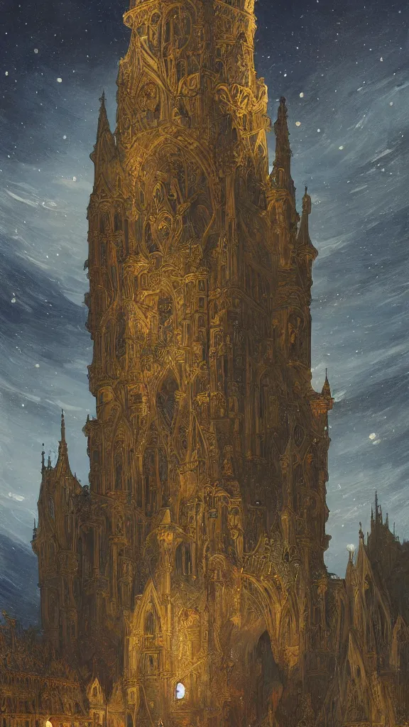 Prompt: a beautiful painting of an ancient many stories tall, narrow cylindrical tower, with arches and flying buttresses, at night with a sky full of stars, intricate, elegant, highly detailed, digital painting, artstation, concept art, by krenz cushart and artem demura and alphonse mucha