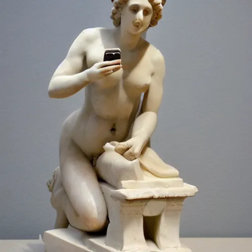 Prompt: greek marble statue of a woman on her phone