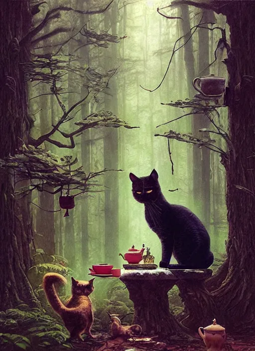 Image similar to cat having tea at a shrine in the woods gorgeous lighting, lush forest foliage a hyper realistic painting by chiara bautista and beksinski and norman rockwell and greg rutkowski weta studio, and lucasfilm