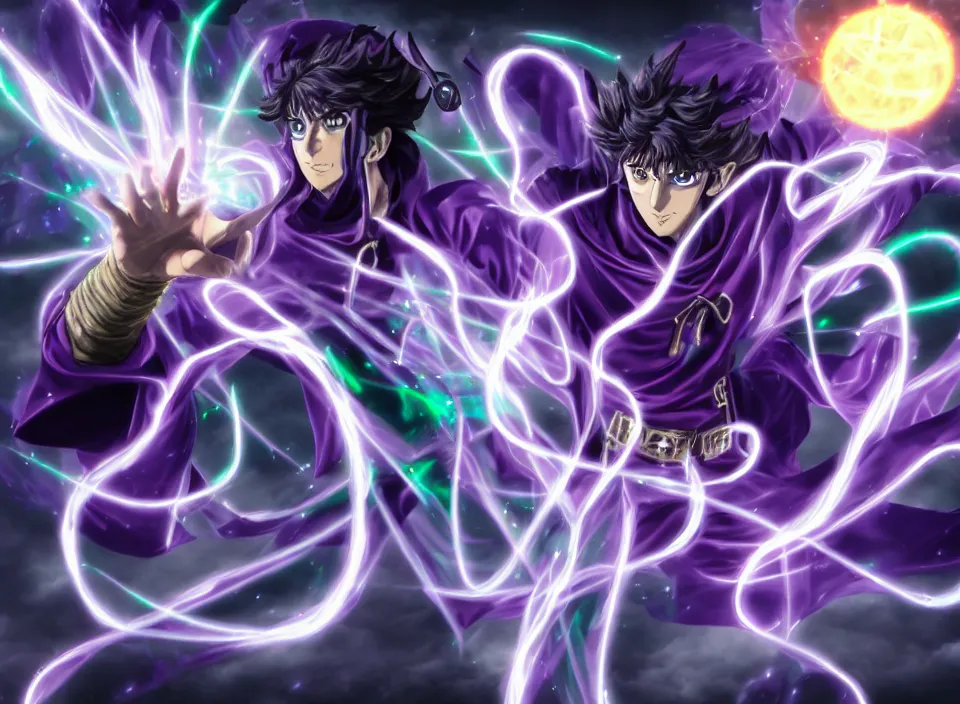 Prompt: The powerful rune magic wizard prepared his next attack with ominous aura, in the style of JoJos Bizarre Adventure, ultra high resolution, intricate details