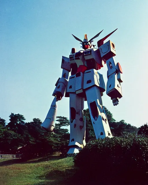 Image similar to a lomographic photo of old gigantic gundam mecha, standing tall above a typical japanese yard in small town, hikone on background, cinestill, bokeh