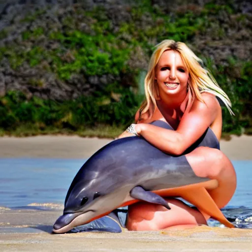 Image similar to Britney Spears hugging a dolphin on a beach, realistic, photography, 40mm, f4