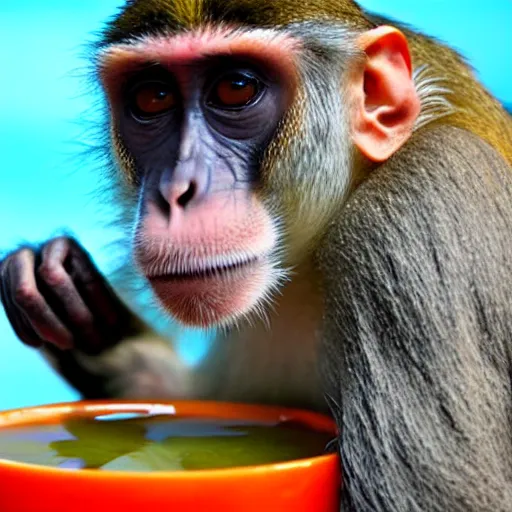 Prompt: a monkey swiming in a bowl of soup