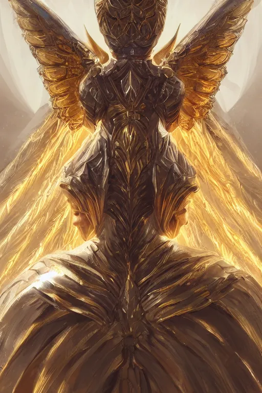 Image similar to grand mage in golden armor with intricate angelic wings, WLOP, concept art, digital painting, trending on artstation, highly detailed, 8k UHD, artgerm