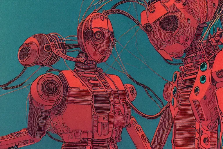 Image similar to risograph grainy drawing vintage sci - fi, satoshi kon color palette, gigantic gundam full - body covered with human bodies and wires, with lot tentacles, vermilion and black hues, codex seraphinianus painting by moebius and satoshi kon and dirk dzimirsky close - up portrait