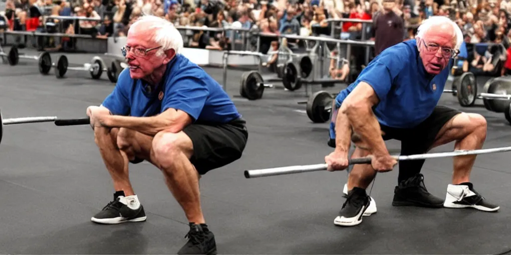 Prompt: bernie sanders, muscular, deadlifting