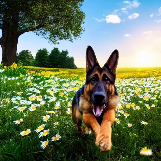 Image similar to German shepherd dog chasing a bunny in a field with daisies, trees in the distance with sun blue skies a couple of clouds