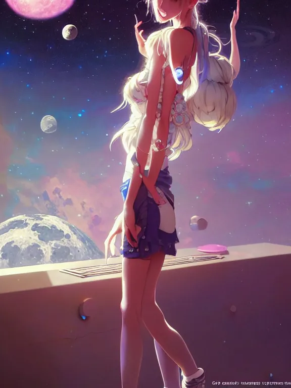 Image similar to full body picture of a space girl in the moon cafe, bored, coveted, beautiful and aesthetic, intricate, unreal engine, messy hair, highly detailed, detailed face, smooth, sharp focus, chiaroscuro, manga illustration, artgerm, greg rutkowski, ilya kuvshinov, rossdraws, alphonse mucha, young adult light novel cover art