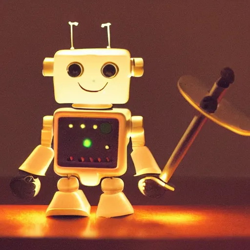 Prompt: a cute little robot sitting on a pen with a lit candle in the background by maxvanzwerg