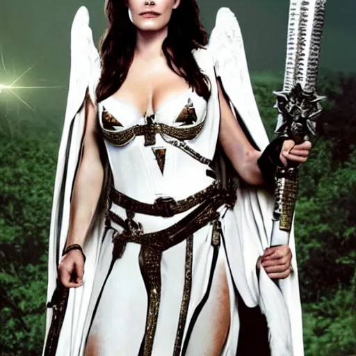 Prompt: full body photo of liv tyler as an angel warrior with heavenly weapons