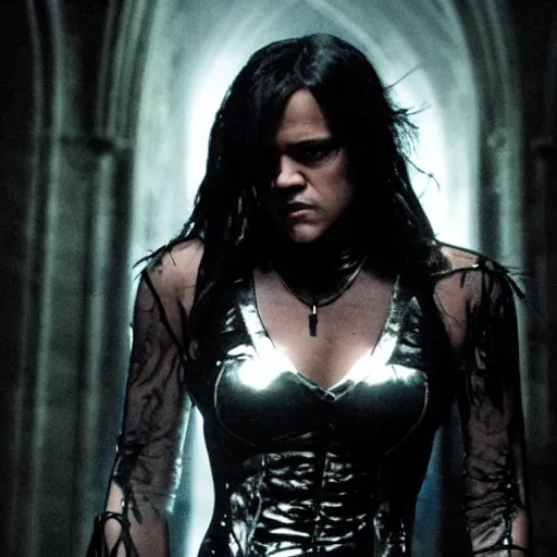 Image similar to michelle rodriguez as a female demon in a gloomy gothic cathedral at night