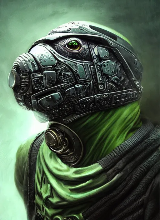 Image similar to cyberpunk turtle downtown tokyo mf doom reptile eyes, green and gray skin. intricate, elegant, highly detailed, centered, digital painting, artstation, concept art, smooth, sharp focus, illustration, artgerm, tomasz alen kopera, peter mohrbacher, donato giancola, joseph christian leyendecker, wlop, frank frazetta