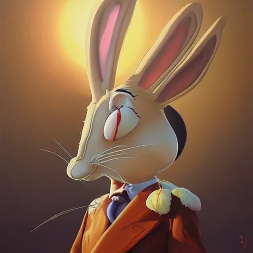 Image similar to bugs bunny cosplay salvador dali, art by wgreg rutkowski. during golden hour. extremely detailed.