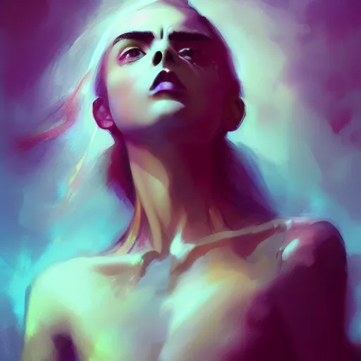 Image similar to cara delevingne, full body colorful oil painting by greg rutkowski, charlie bowater, yuumei, yanjun cheng, unreal 5, daz, hyperrealistic, octane render, rpg portrait, dynamic lighting, fantasy art, beautiful face