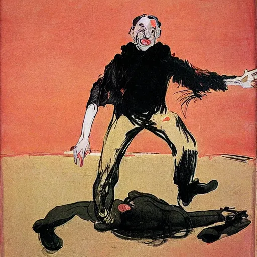 Prompt: hideous by vito acconci, by edouard manet ochre. illustration. a man with a large head & a small body is floating in the air, his arms & legs flailing. his clothes are tattered & he has a wild look in his eyes.