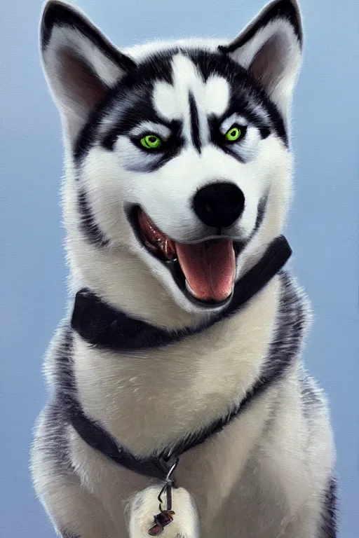 Image similar to a character design of a husky wearing a white vest, portrait painting, furry, humanoid, anthropomorphic, personify, anime