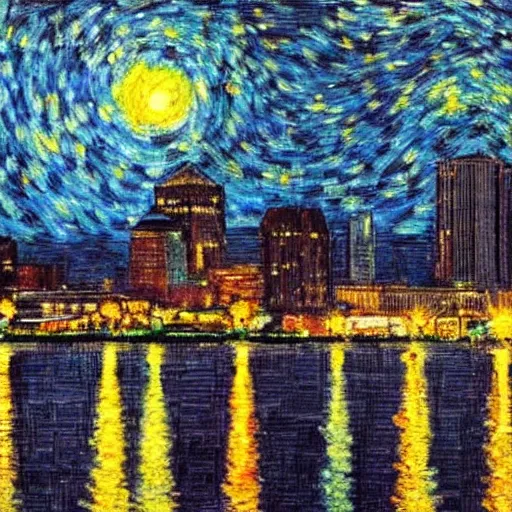 Image similar to louisville ky skyline at night reflecting of the river, in the style of van goghs painting starry night