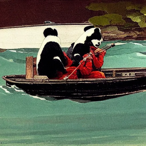 Prompt: a boat filled with pandas by winslow homer