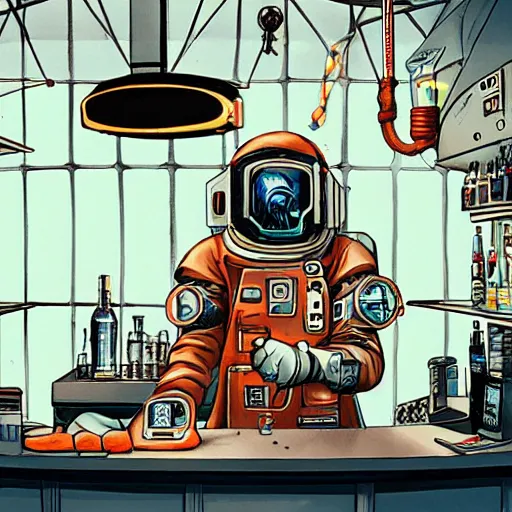 Image similar to old man in exosuit standing behind futuristic bar on space station, face tattoos, punk, grunge, rough, paint, scratchy, science fiction, cyberpunk, retrofuture, illustration