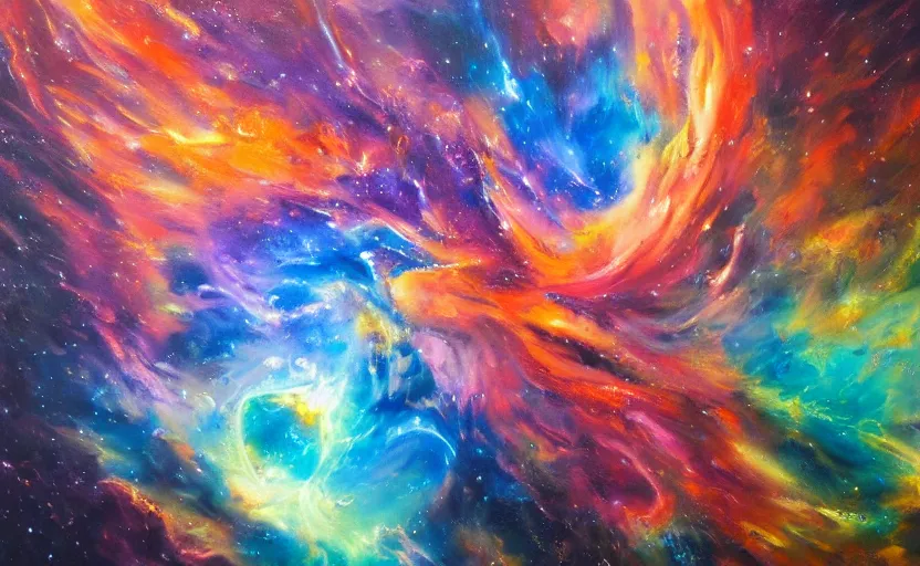 Image similar to an abstract oil painting of an unbelievably beautiful space nebula; all swirling light and fire; hyper-detailed; an extraordinary masterpiece!!!; flawless; trending on artstation